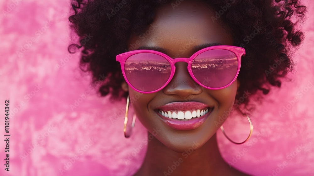 A woman wearing pink sunglasses and smiling with a vibrant pink A woman wearing pink sunglasses and smiling with a vibrant pink