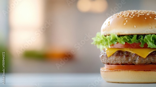 A fresh cheeseburger with layers of crisp lettuce and juicy tomato topped with cheddar cheese, inviting you to indulge in its savory goodness and flavor. photo