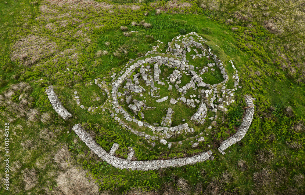Bagh nam Feadhag pre-wheelhouse through Viking site. Mainly visible is Iron Age wheelhouse. Grimsay, Outer Hebrides. Outer semi-circle wall is modern
