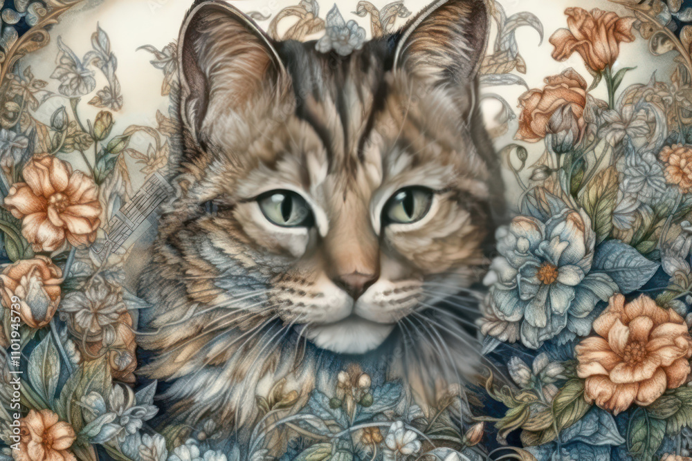 Fototapeta premium A close-up of the face of a tabby cat surrounded by a floral design. 