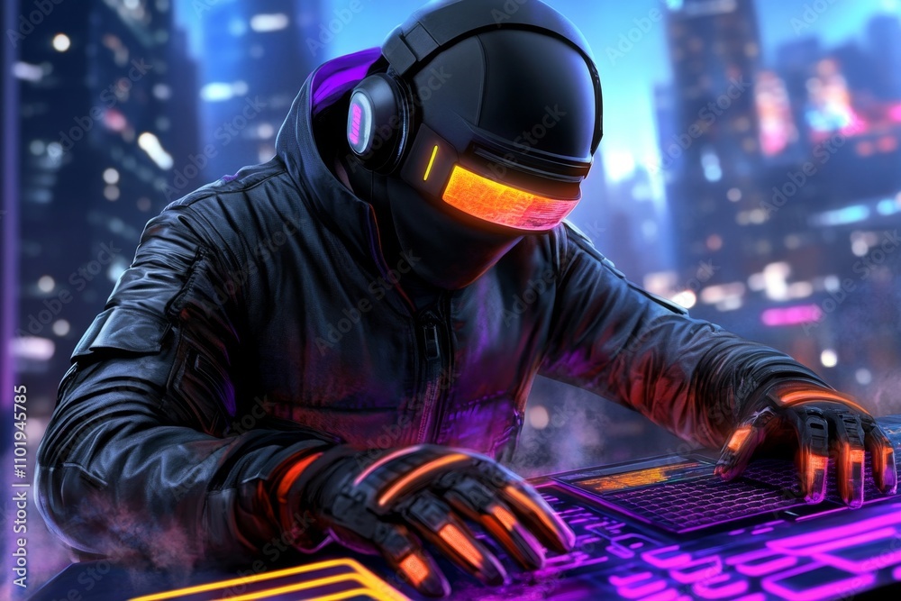 Cyberpunk artist creating neon graffiti in a dark alley, with glowing tools and a futuristic cityscape in the background