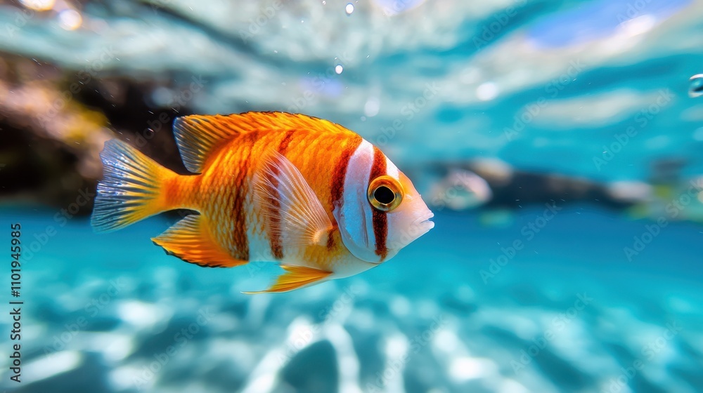 A striped orange fish glides effortlessly through the ocean, surrounded by the vibrant blue sea, creating a peaceful and harmonious underwater atmosphere. A striped orange fish glides effortlessly through the ocean, surrounded by the vibrant blue sea, creating a peaceful and harmonious underwater atmosphere.