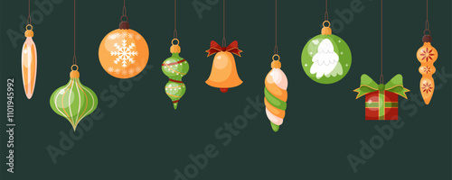 Christmas or New Year banner with various decorative Christmas tree toys and balls. Nice card with hanging decorations for congratulations on traditional winter holidays. Cartoon vector illustration.