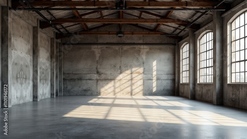 An industrial warehouse mockup with exposed beams and open space