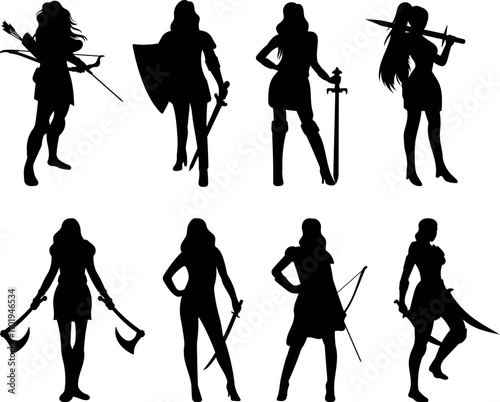 Woman warrior silhouette vector illustration set