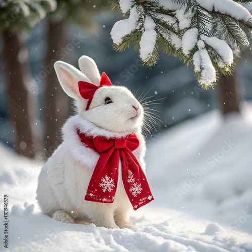 Christmas bunny in red sage on snow photo