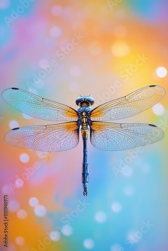 A dragonfly perched on a vibrant background, great for design and illustration projects photo