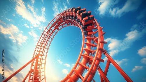 A red roller coaster spinning rapidly in mid-air, The blue sky and clouds in the background blur with a dynamic motion effect