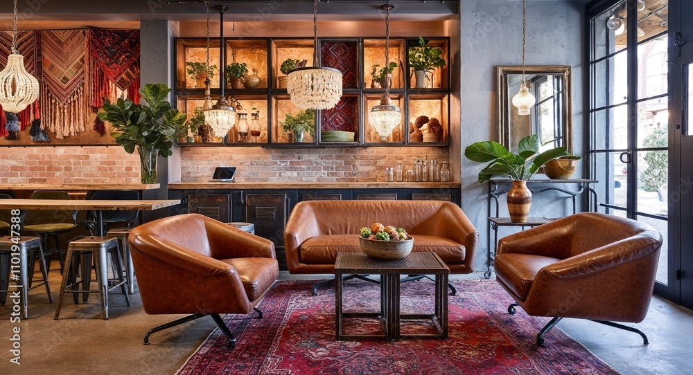 Bohemian style accents combined with industrial metal tables and soft leather seating Bohemian style accents combined with industrial metal tables and soft leather seating