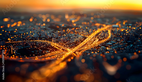 A bird's-eye view of the city at night, with an intricate network of roads and buildings illuminated by streetlights, creating long exposure effects on light trails, capturing