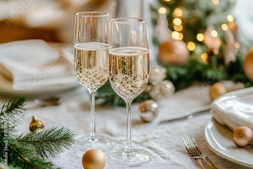 Glasses of champagne on a festive Christmas table