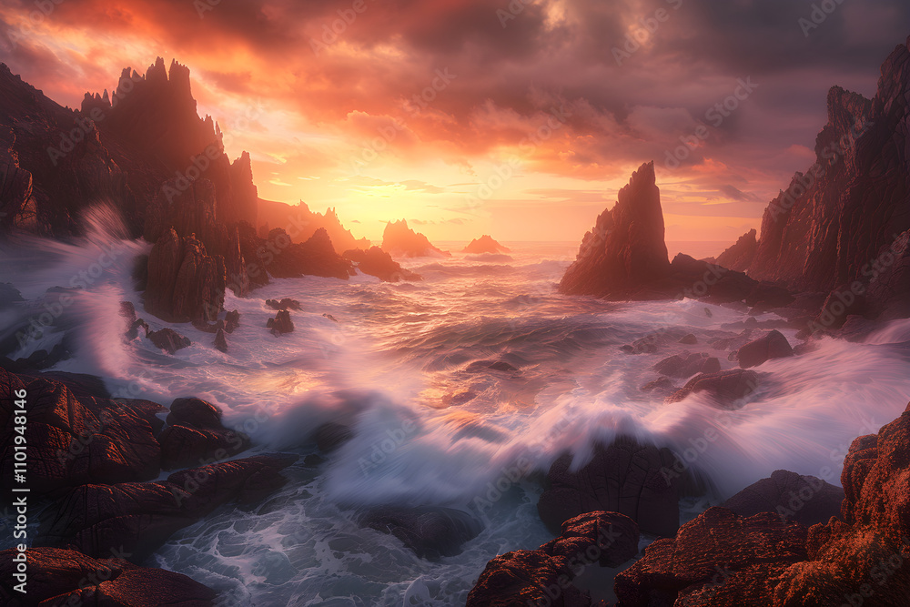 Fototapeta premium Majestic Coastal Sunrise: Rugged Shoreline with Crashing Waves and Vibrant Skies