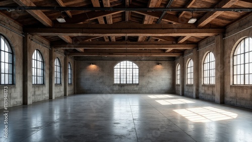 Textured walls and open space in an industrial warehouse mockup