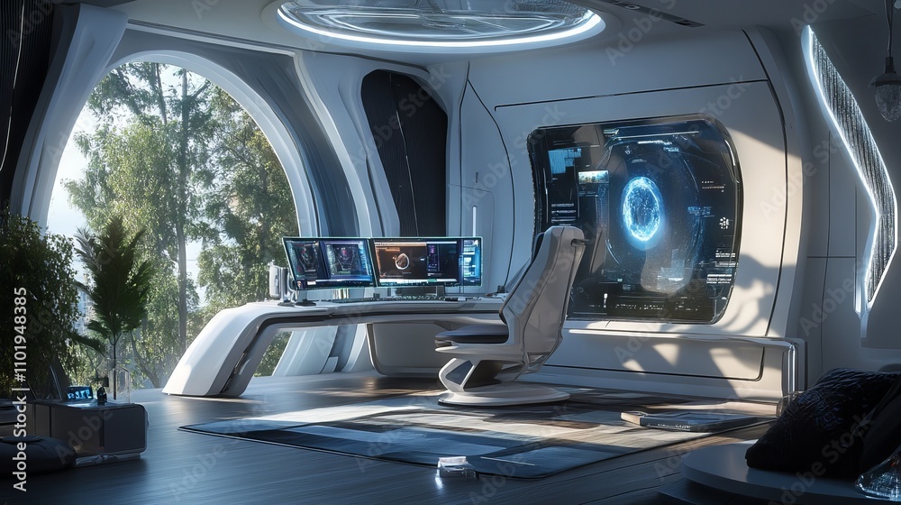 Modern sci-fi study room with advanced technology and futuristic furniture Modern sci-fi study room with advanced technology and futuristic furniture