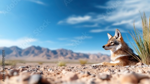 Resting in a serene desert, a coyote gazes across the landscape, conveying peacefulness and the unspoiled essence of nature under an expansive, clear sky.