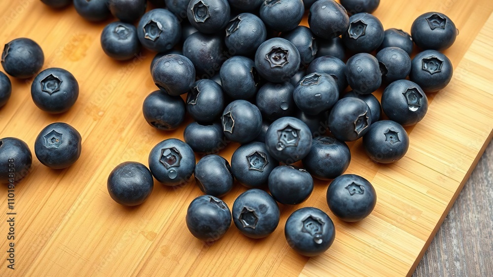 blueberries scattered on a wooden cutting board with small water droplets on some of them, freshness, condensation, blueberries blueberries scattered on a wooden cutting board with small water droplets on some of them, freshness, condensation, blueberries