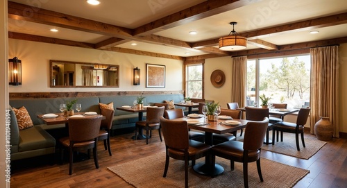 Casual dining rooms with comfortable seating simple decor and natural earthy tones