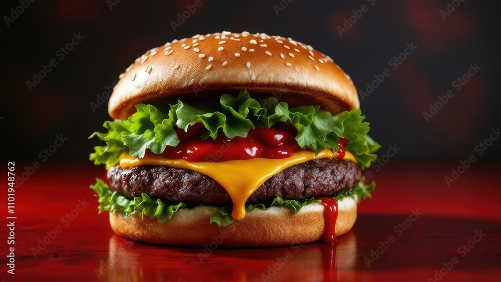 A realistic 3D close-up of a juicy hamburger dripping with ketchup, set against a bold red and black background