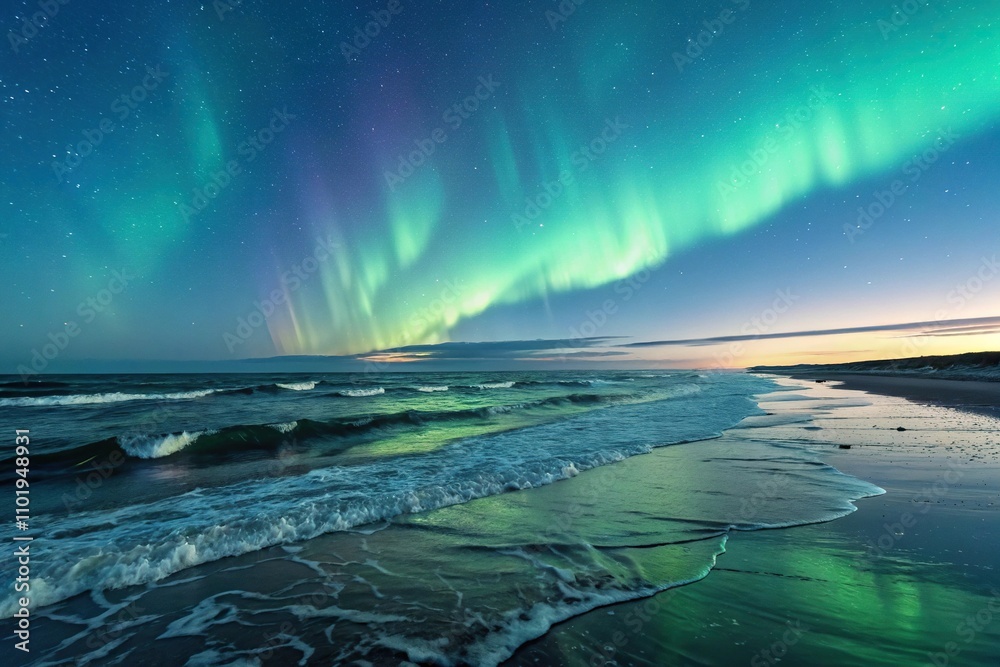 Naklejka premium Breathtaking view of northern lights reflecting off Baltic Sea in Jantar India with ocean waves, reflection, beauty of nature, baltic sea