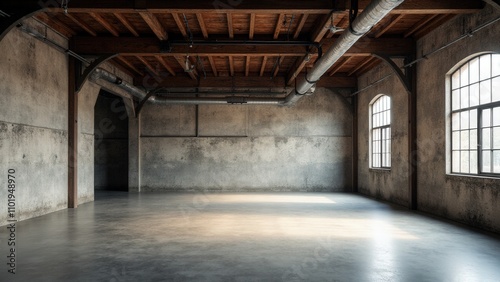 Exposed beams and textured walls in an industrial-style warehouse mockup