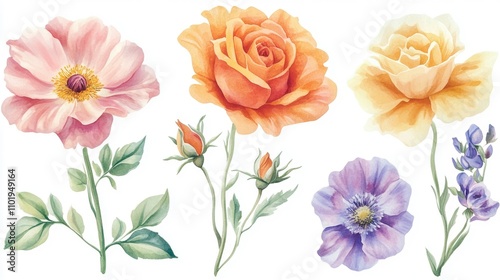 A selection of colorful flowers on a clean white surface