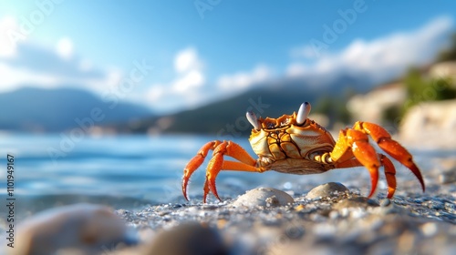 A lively orange crab perches atop a rugged beach scene, with the serene blue ocean and softly blurred mountains in the background, depicting vibrant seaside life. photo