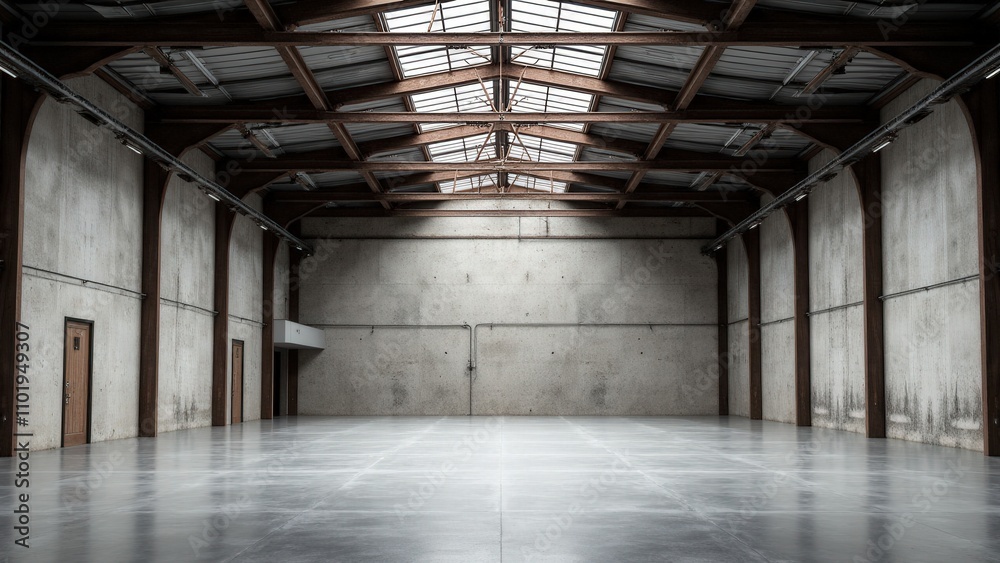 Industrial elements and open space in a modern warehouse mockup Industrial elements and open space in a modern warehouse mockup