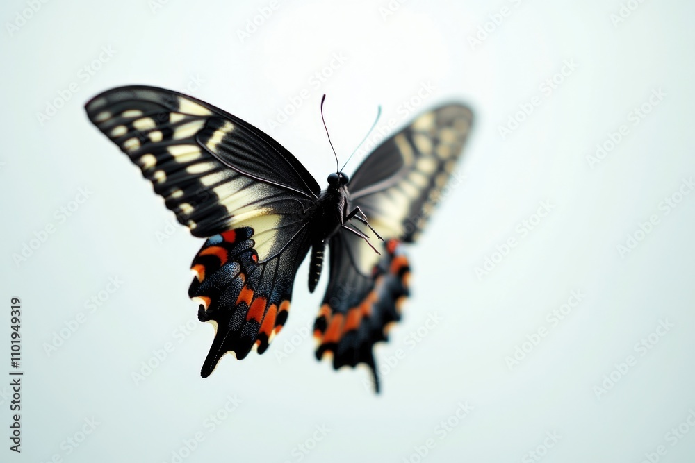 Obraz premium A black and white butterfly in flight against a gray or white background