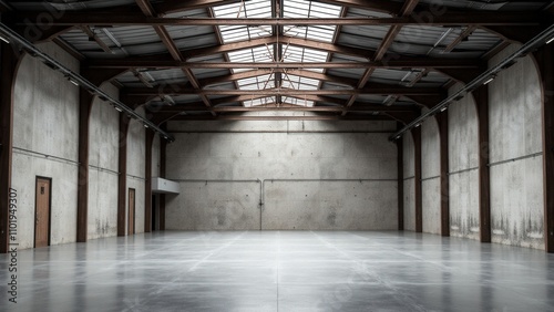 Industrial elements and open space in a modern warehouse mockup