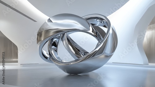 A sleek, modern sculpture with intertwined metallic forms, set against a minimalist, futuristic interior.