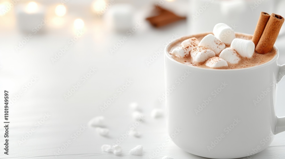 A simple and elegant hot chocolate featuring marshmallows and a cinnamon stick on a pristine white background, creating a sense of minimalist indulgence. A simple and elegant hot chocolate featuring marshmallows and a cinnamon stick on a pristine white background, creating a sense of minimalist indulgence.