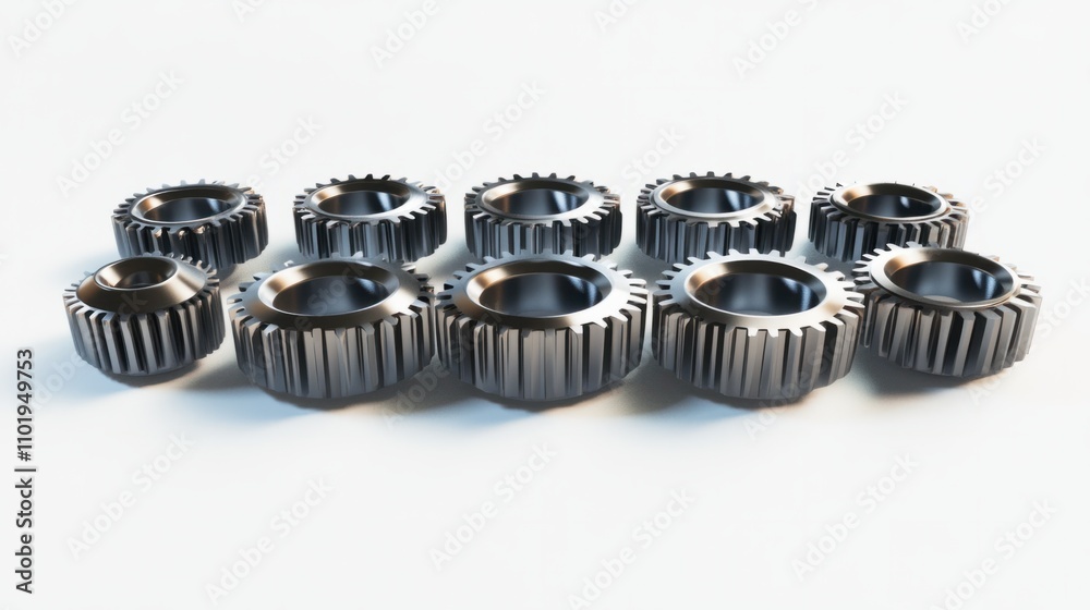 Bright 3D gears with shiny surfaces, aligned in a straight pattern on a clean white background Bright 3D gears with shiny surfaces, aligned in a straight pattern on a clean white background