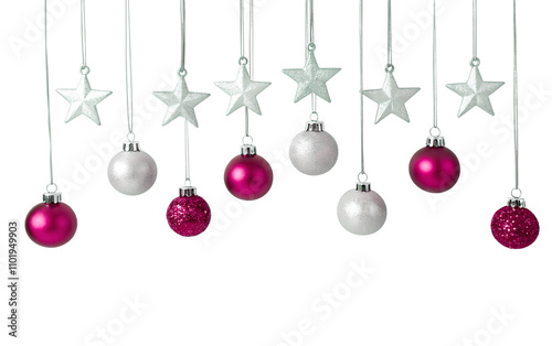 Glistening Holiday Elegant Ornaments Sparkling in Festive Delight, features a festive arrangement of red Christmas ornaments and stars hanging against a transparent or empty background