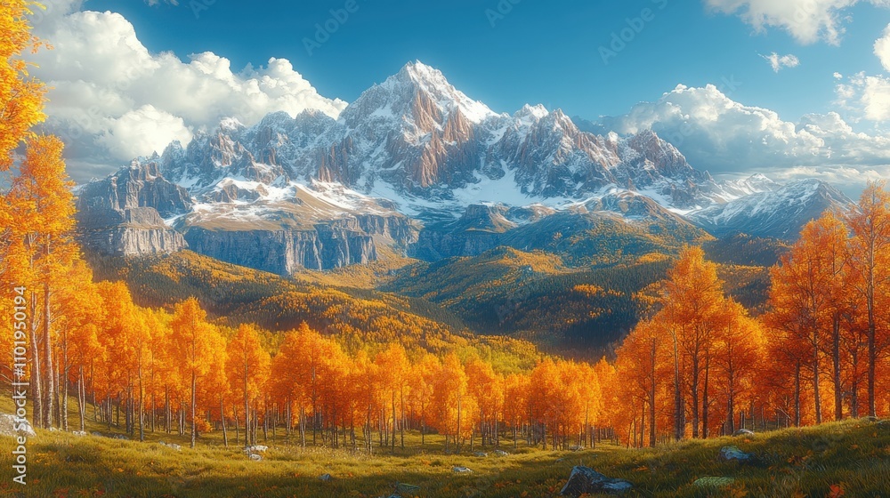 A stunning autumn landscape featuring vibrant orange trees and majestic snow-capped mountains. A stunning autumn landscape featuring vibrant orange trees and majestic snow-capped mountains.