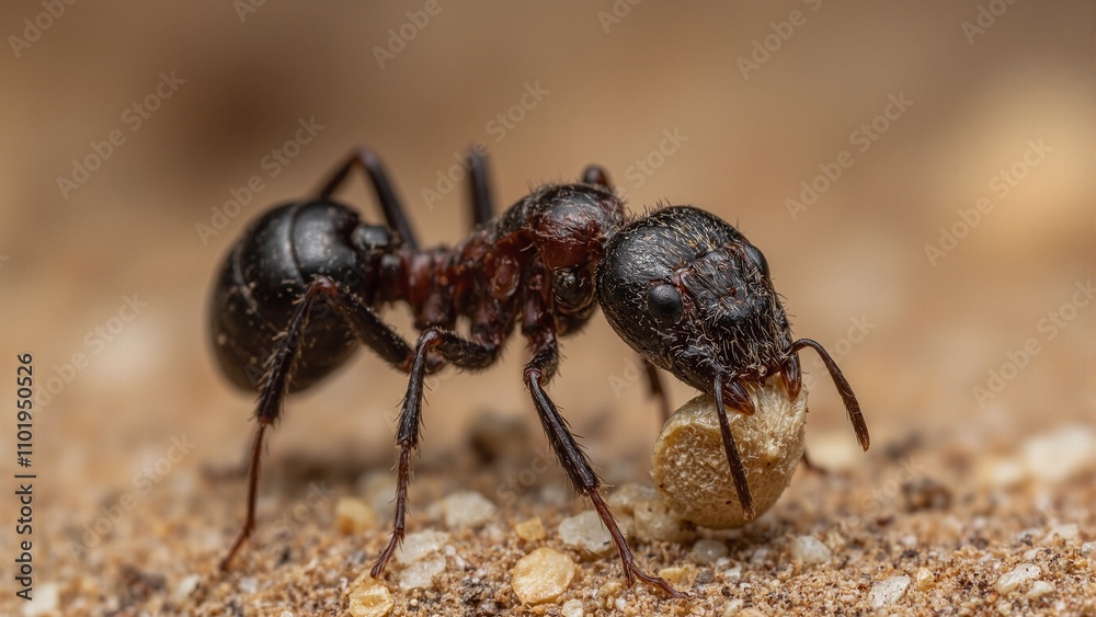 Macro view of determined ant carrying a seed showcasing detailed exoskeleton textures Macro view of determined ant carrying a seed showcasing detailed exoskeleton textures