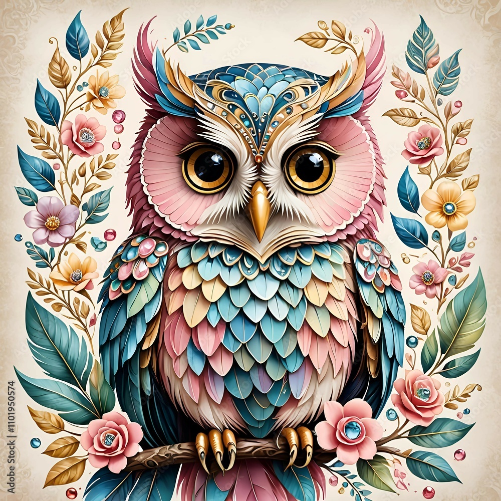 A colorful owl with detailed feathers, surrounded by an array of blooming flowers. A colorful owl with detailed feathers, surrounded by an array of blooming flowers.