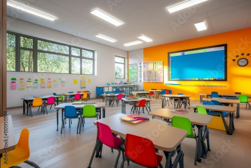 Modern school classroom, colorful chairs and desks, interactive smart board at the front, bright lighting and engaging decorations on the walls