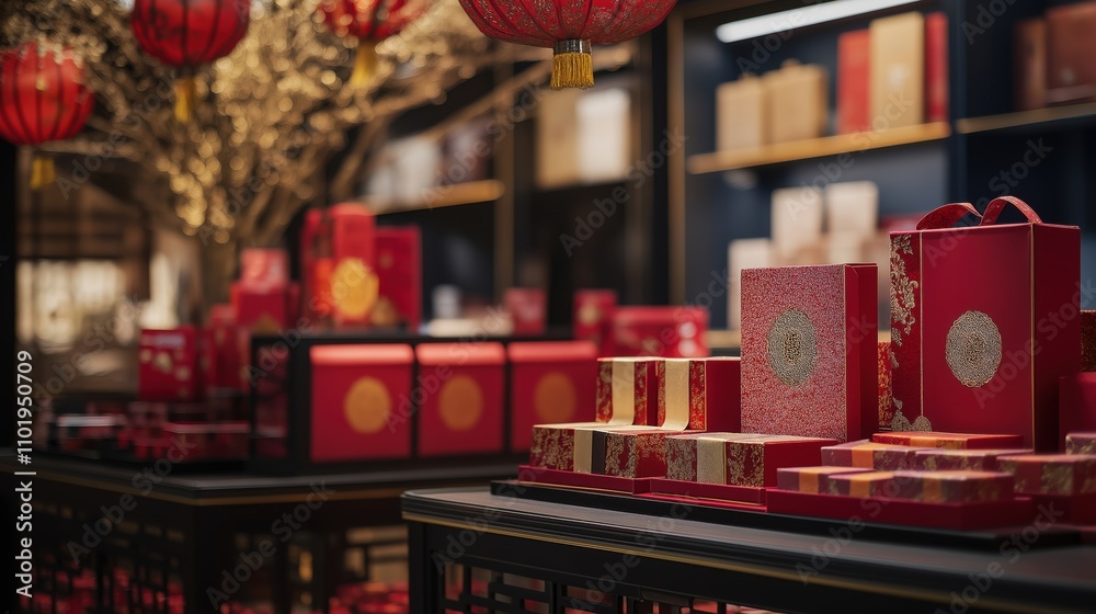Chinese new year luxury market shopping with elegant gift packages Chinese new year luxury market shopping with elegant gift packages