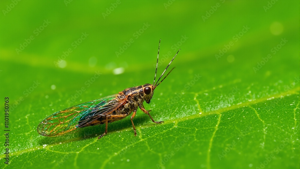 Vibrant leafhopper with rainbow wings on green leaf Vibrant leafhopper with rainbow wings on green leaf