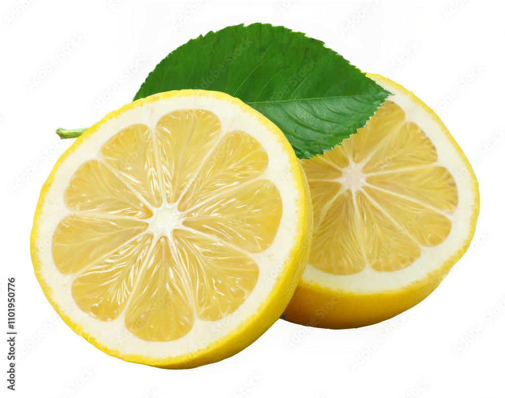 Vibrant Lemon Halves with Overlapping Green Leaves on transparent background, Close-up shot showcasing skin texture and details. Vibrant Lemon Halves with Overlapping Green Leaves on transparent background, Close-up shot showcasing skin texture and details.