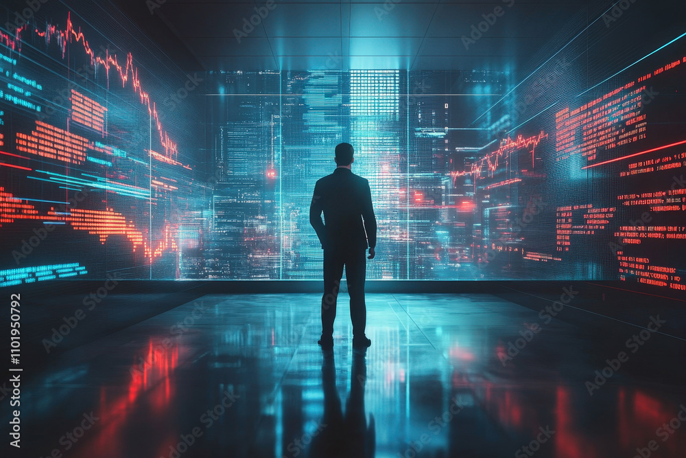 Silhouette in Futuristic City with Neon Lights Silhouette in Futuristic City with Neon Lights