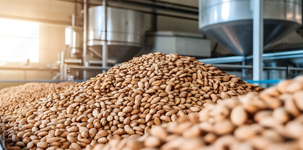 Obraz premium A large pile of almonds in an industrial processing facility.