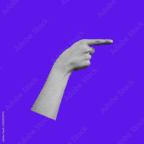 Pointing hand. Retro halftone. Modern collage. Gesture. Pop art dotted style. Hand with index finger with halftone texture. Trendy vintage newspaper parts. Paper cutout element. Y2K style