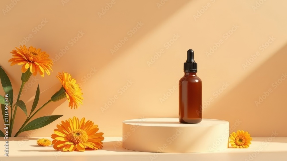 Fashionable background with natural skin care bottles. Product presentation on a yellow background with flowers. Concept of cosmetics, serum, body oil Fashionable background with natural skin care bottles. Product presentation on a yellow background with flowers. Concept of cosmetics, serum, body oil