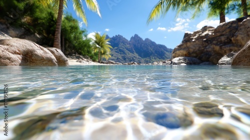 A scenic view of a tropical paradise showcasing shimmering waters surrounded by lush green palm trees and distant mountains under a clear blue sky. photo