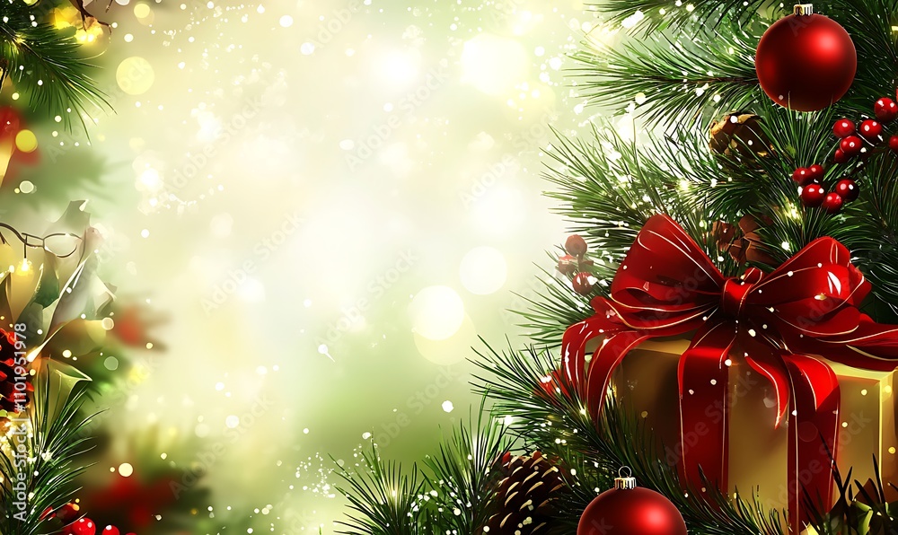 Christmas themed background featuring ornaments, a gift box with a red ribbon, and pine branches for seasonal decorations Christmas themed background featuring ornaments, a gift box with a red ribbon, and pine branches for seasonal decorations