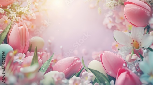 Easter sale banner mockup with spring flowers and tulips for seasonal promotions