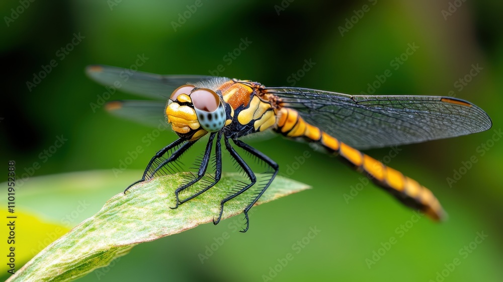 An orange and yellow dragonfly perches on a leaf, displaying a delicate interplay of vibrant colors, shapes, and textures, surrounded by a lush natural setting.