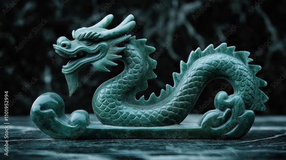 Elegant green wooden dragon sculpture on black marble surface for artistic decor Elegant green wooden dragon sculpture on black marble surface for artistic decor