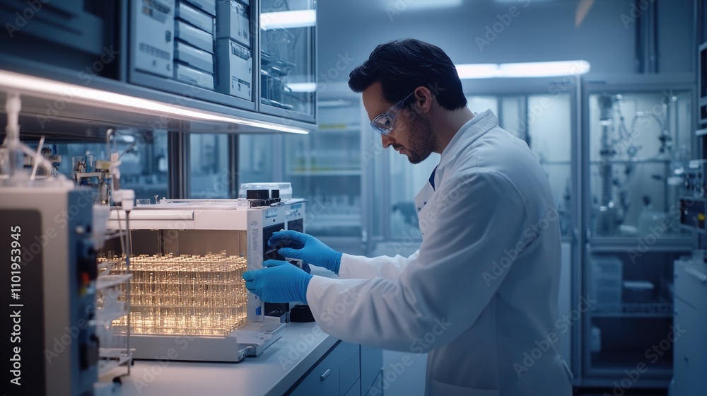 A scientist in a lab coat working on a machine in a laboratory setting